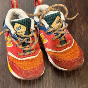 New Balance Kids Orange & Red Suede Mesh Sneakers with Blue Accents